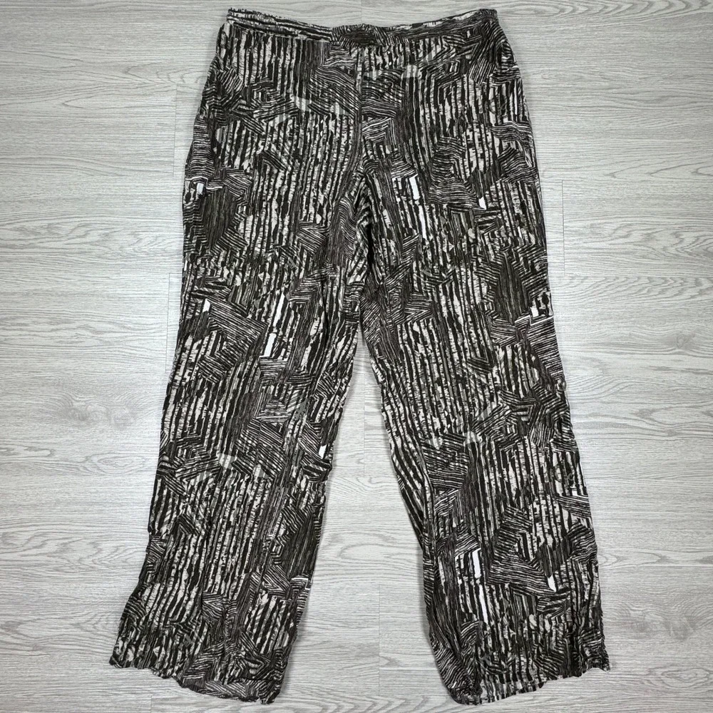 Chico's Women's Pants Brown White Abstract Print Elastic‎ Waist Rayon Size 2